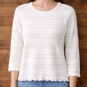 Belford White Textured Knit Top Pima Cotton 3/4 Sleeve Scalloped Hem Size S
